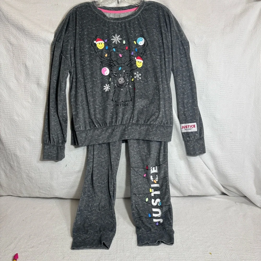 Justice‎ Gray Kids Pajamas with Colorful Accents Size XL (16-18) EUC Christmas